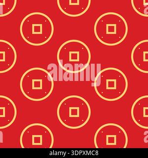 Seamless Chinese coin motif pattern in red and gold symbolizing wealth, prosperity, and good fortune Stock Vector