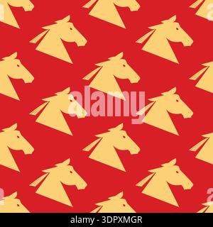 Seamless geometric horse silhouette pattern in red and gold, inspired by zodiac symbolism Stock Vector
