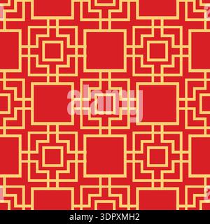 Seamless geometric square lattice pattern in red and gold, inspired by traditional Asian decorative motifs Stock Vector