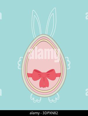 Hand drawn contour Easter Bunny hold Easter egg with ribbon bow decor. Paper cut and outline template. Vector illustration Easter Greeting Thematic or Promotional Social media post template Copy space Stock Vector
