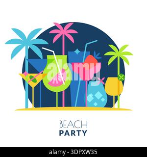Beach party, nightlife vector flat geometric illustration. Label banner, flyer, poster design element. Night blue background with multicolor cocktails Stock Vector