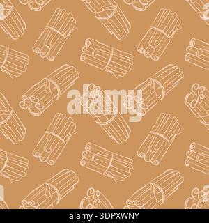 Seamless brown background pattern in line art style with bundle of cinnamon stick. Stock Vector