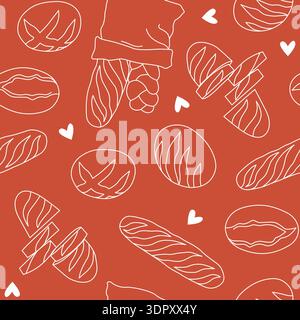 Hand-drawn seamless pattern made of bread loaves for bakery branding and packaging and backgrounds in line art style Stock Vector