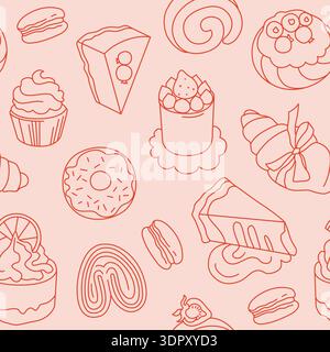 Hand-drawn seamless pattern made of desserts, pastries and sweet buns for cafe or pastry branding and packaging and backgrounds  Stock Vector