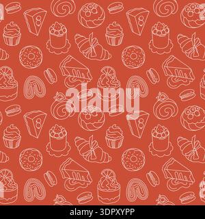 Hand-drawn seamless pattern made of desserts, pastries and sweet buns for cafe or pastry branding and packaging, background  Stock Vector