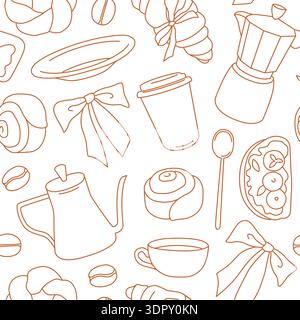 Hand-drawn seamless pattern made of coffee equipment and breakfast elements for cafe or coffee shop branding and packaging Stock Vector