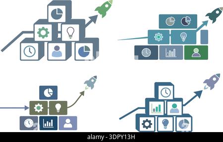 Business Growth Strategy and Startup Development Infographic Vector Set with Rocket Launch Concept Stock Vector