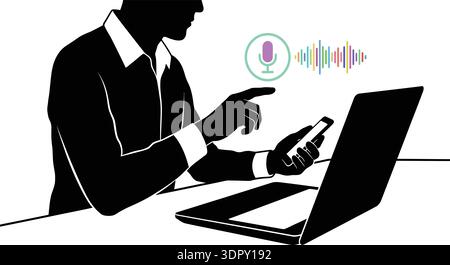 Voice Recognition and Speech to Text Technology Concept Vector Illustration with Businessman Using Smartphone and Laptop Stock Vector