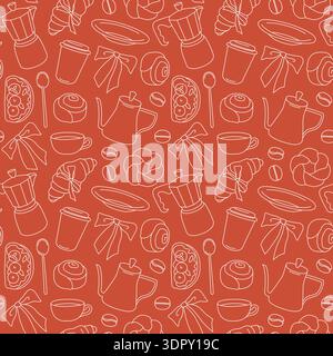 Hand-drawn seamless pattern made of coffee equipment and breakfast elements for cafe or coffee shop branding and packaging Stock Vector