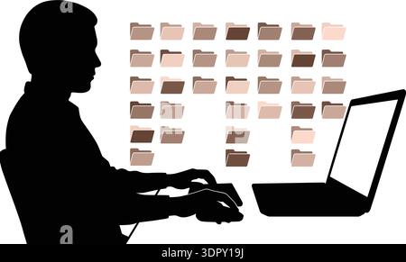 Data Management and Digital File Organization Concept Vector Illustration with Man Working on Laptop Stock Vector