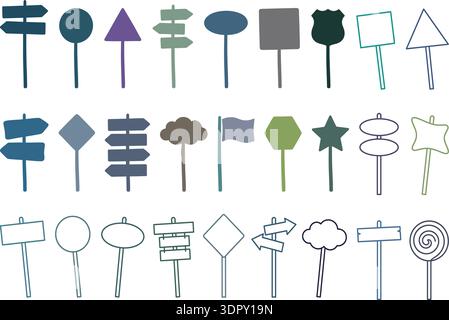 Colorful Road Sign and Direction Board Icons Collection Vector Set Isolated on White Background Stock Vector