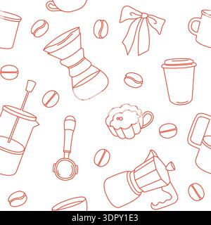 Hand-drawn seamless pattern made of coffee equipment and coffee beans for cafe or coffee shop branding and packaging Stock Vector