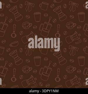 Hand-drawn seamless pattern made of coffee equipment and coffee beans for cafe or coffee shop branding and packaging Stock Vector