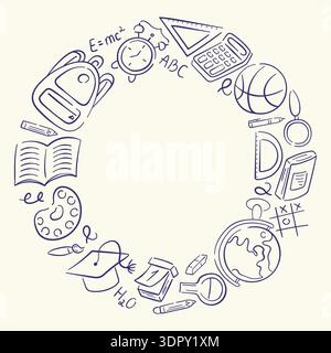 Doodle style school icon arranged in circular frame. Outline illustration with backpack, books, globe and math symbols. Education concept background Stock Vector