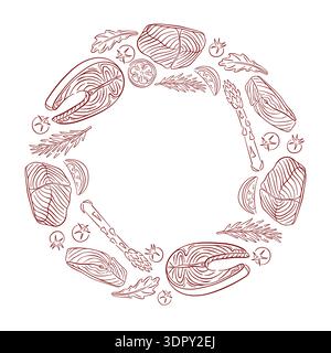 Hand drawn wreath frame with salmon steak cuts, asparagus, rosemary and tomato. Line art style illustration on white background for restaurant menu Stock Vector