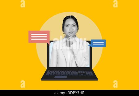 Collage of a Woman Thinking in Front of a Laptop With Chat Bubbles on a Bright Yellow Background Stock Photo
