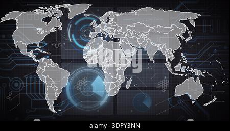 Displaying stylized global map on dark dashboard, overlaying HUD circles, network traces, nodes Stock Photo