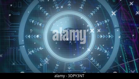 Displaying centered HUD circle pulsing in virtual interface, showing concentric rings, grid, neon Stock Photo