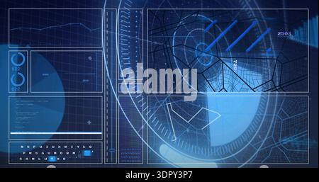 Displaying futuristic HUD showing radar rings and wireframe map on control screen, charts, gauges Stock Photo