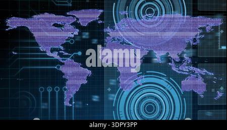 Displaying stylized world map with purple continents on digital HUD, showing cyan rings Stock Photo