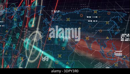 Displaying stylized global map centered on virtual dashboard, showing geo-markers and neon streaks Stock Photo