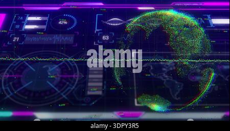 Displaying holographic globe rotating on right of HUD dashboard, showing radial gauges and waveform Stock Photo