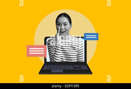 A Woman Looks Excited While Talking Through a Laptop Stock Photo