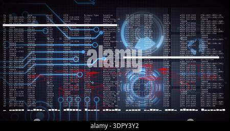 Displaying digital dashboard HUD on dark grid, showing monospaced data, blue traces, ERROR labels Stock Photo