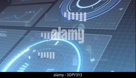Displaying glowing circular holographic dial on dark grid plane at virtual HUD, showing data panels Stock Photo
