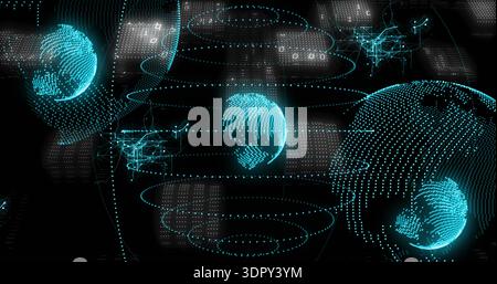 Rotating large holo dotted globe on right, hovering in data space with concentric rings, dot-grids Stock Photo