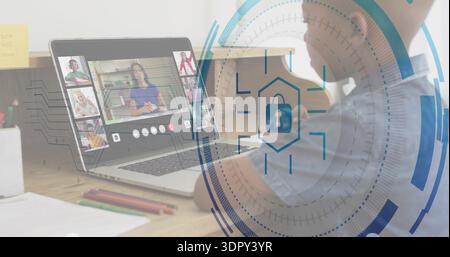 Sitting child in short-sleeve joining call at home desk, with laptop padlock overlay, copy space Stock Photo