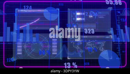 Displaying four translucent panels floating on dark grid, showing charts, map, gauges, numbers Stock Photo