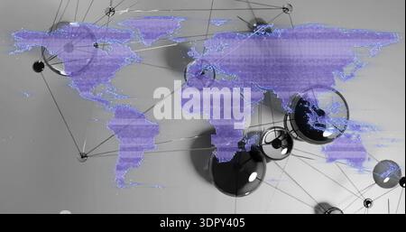 Displaying translucent purple dotted world map overlay hovering above black spheres linked by rods Stock Photo