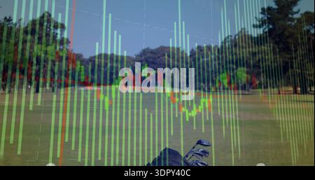 Displaying golf bag with metal clubs on right fairway, overlaying translucent financial chart bars Stock Photo