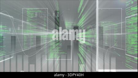 Displaying abstract virtual dashboard showing HUD panels, bars, candles, white wave, green code Stock Photo