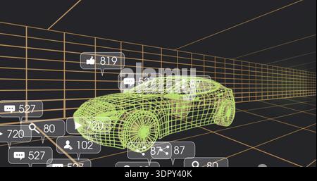 Displaying neon-green wireframe car hovering inside orange 3D grid tunnel, with floating UI badges Stock Photo
