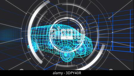 Rendering 3D wireframe van rotating in virtual tunnel, displaying HUD rings and laptop icon Stock Photo
