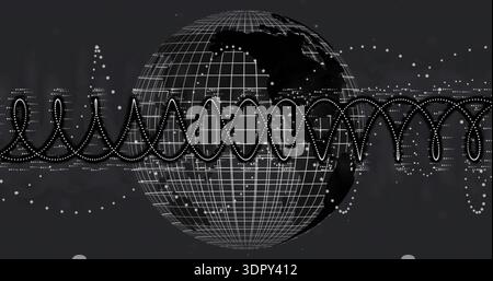 Showing centered wireframe globe in digital space tracing sine ribbon midline, marking data nodes Stock Photo