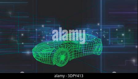 Displaying green wireframe car model rotating in 3D workspace, with perspective grid, cyan panels Stock Photo