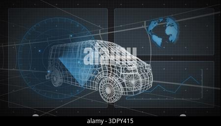 Displaying wireframe passenger van projecting triangular blue sensor cone on dark grid with radar Stock Photo