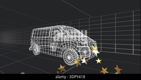 Displaying wireframe van sitting centered in modeling tunnel, with perspective grid and gold stars Stock Photo