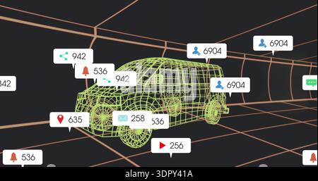 Rendering neon-green wireframe car model rotating in orange grid, showing floating alert badges Stock Photo