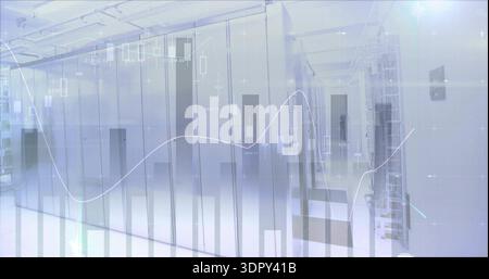 Glowing glass-front server cabinets reflecting charts in data center corridor, with cabling Stock Photo