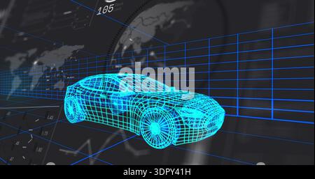 Floating cyan wireframe car rotating with wireframe wheels over virtual 3D grid, with data readouts Stock Photo