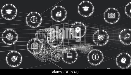 Rendering 3D wireframe semi-truck and attached trailer on perspective grid, with holographic nodes Stock Photo