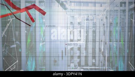 Displaying central server racks showing metrics in server room, with glass panels and red chart Stock Photo