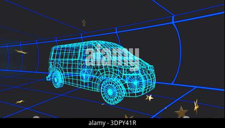 Hovering cyan teal wireframe cargo van moving through neon-blue grid tunnel, with gold stars Stock Photo