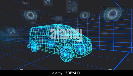 Displaying cyan wireframe 3D van model rotating on luminous grid floor, with floating HUD panels Stock Photo