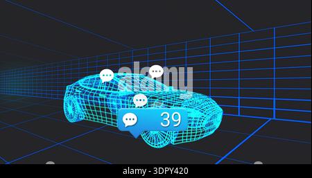 Floating cyan wireframe sports car model in digital grid tunnel, speech bubbles and notification 39 Stock Photo