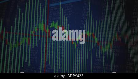 Displaying financial chart centered on dashboard with green bars, candlesticks and red-green line Stock Photo